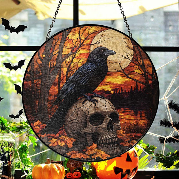 Halloween Raven Stained Glass Suncatcher - Gothic Crow Window Hanging for Home Decor