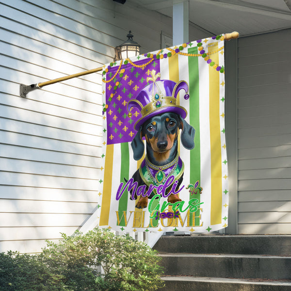 Dachshund King Queen of Mardi Gras Flag - Dog Welcome Flag for Decor