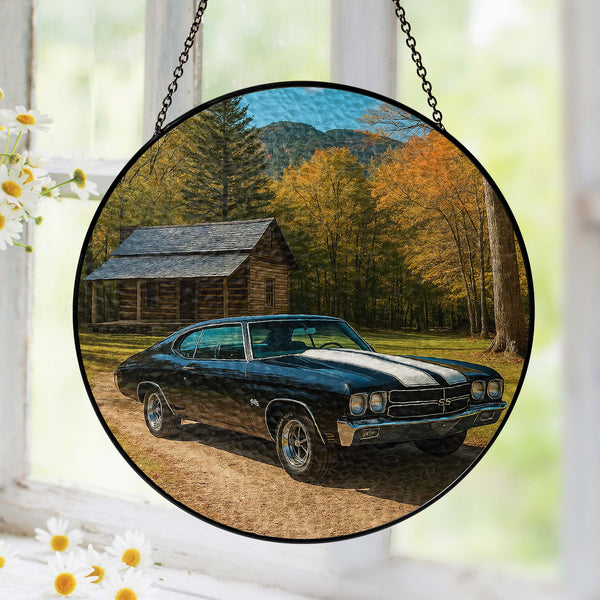 Vintage Black Car Stained Glass Suncatcher Window Hanging for Home