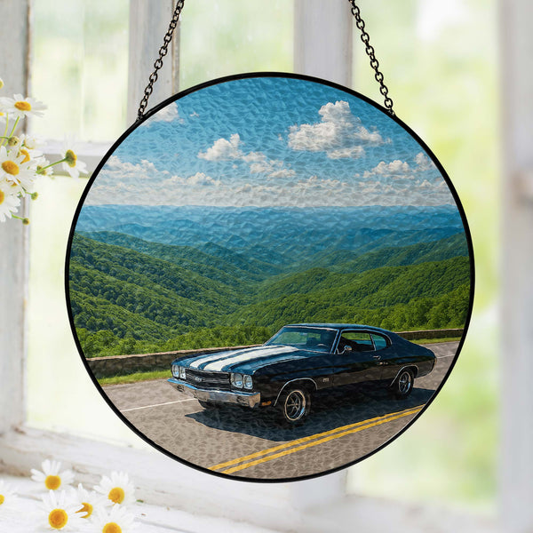 Vintage Car Stained Glass Suncatcher - Mountain Scene Window Hanging for Home Decor