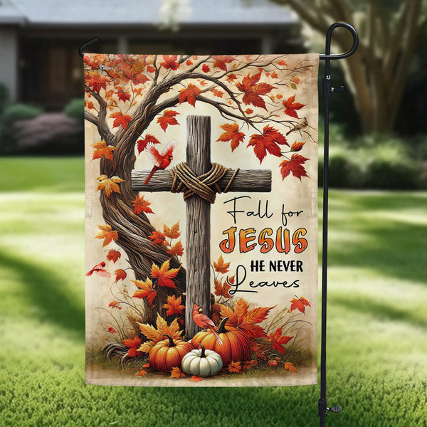 Fall Thanksgiving Jesus Cardinal Pumpkins Flag Fall for Jesus He Never Leaves Flag