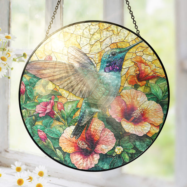Flagwix Hummingbird Stained Glass Suncatcher – Colorful Flower Window Art, Handmade Durable Glass Ornament, Perfect Gift for Nature Lovers