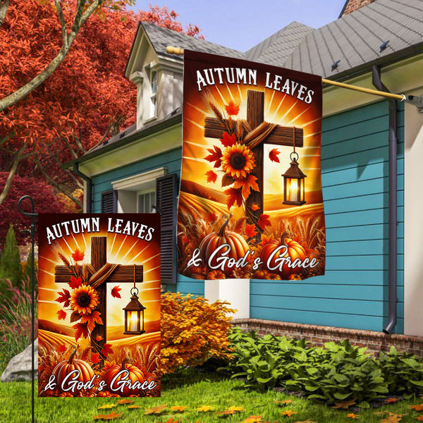 Fall Thanksgiving Christian Cross Flag Autumn Leaves & God’s Grace Pumpkins Harvest Flag
