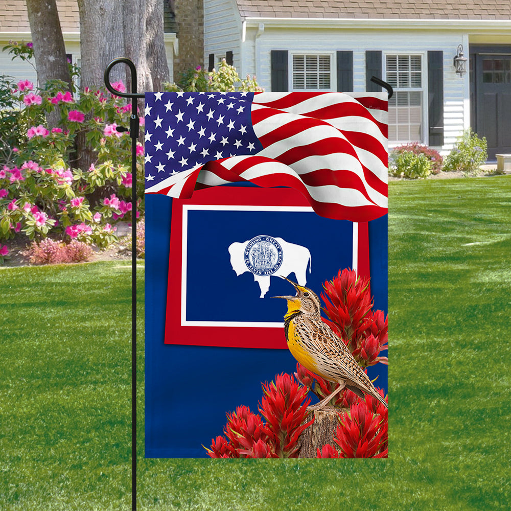 Wyoming State with Meadowlark Bird and Indian Paintbrush Flower