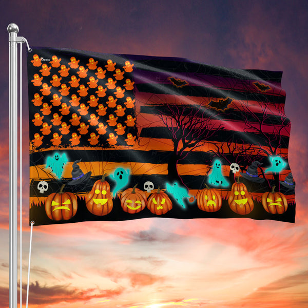 Halloween American Flag - Pumpkin Ghost Bat Haunted Tree Grommet Flag