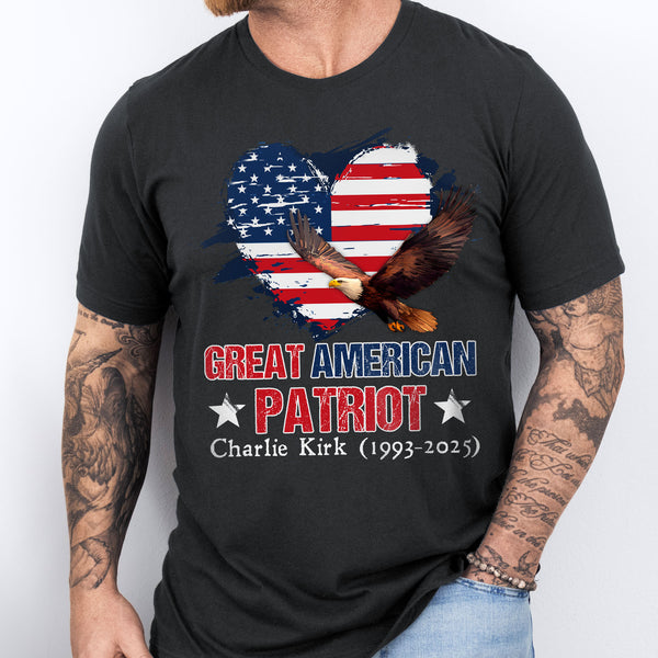 Charlie Kirk Great American Patriot T-Shirt with Bald Eagle USA Flag