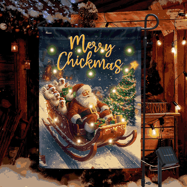 Merry Chickmas Garden Flag | Santa with Chicken Solar Led Garden Flag