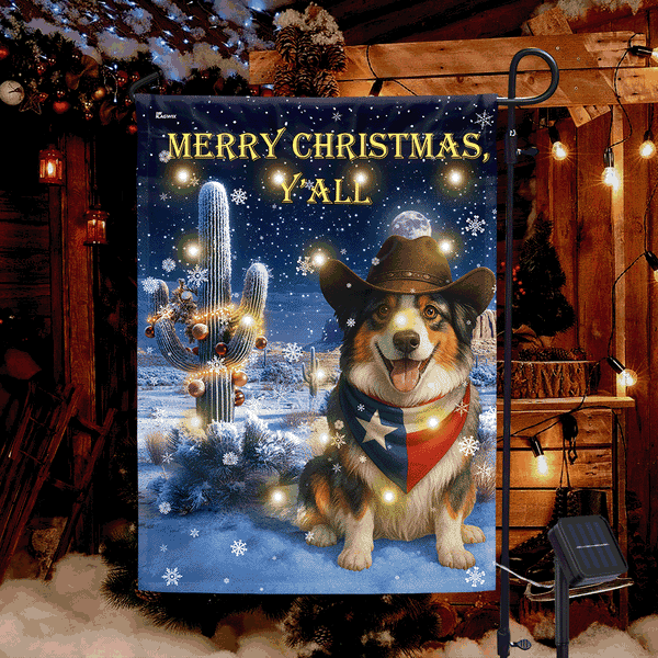 Shepherd Cowboy Dog Christmas Solar LED Flag | Texas Western Holiday Flag