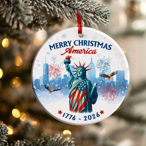 Merry Christmas America Ornament | Patriotic Liberty Ceramic Ornament