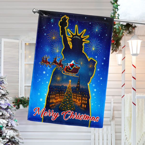 Statue of Liberty Merry Christmas Flag for Patriotic Holiday Decor