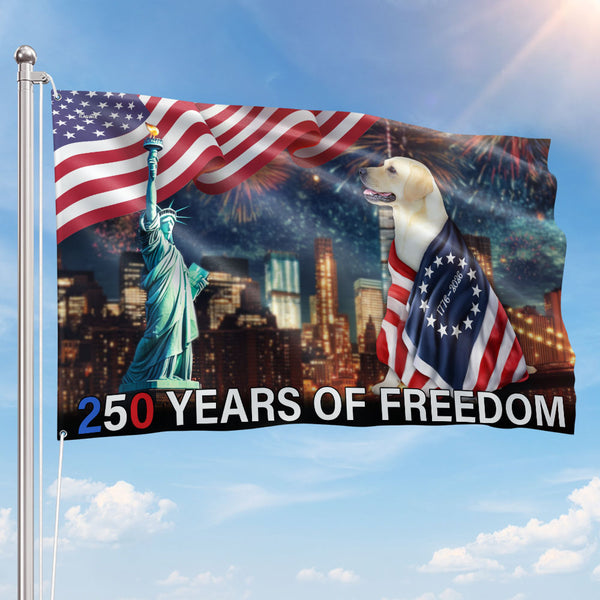 250 Years of Freedom Flag | Patriot Dog Wrapped in Glory Grommet Flag