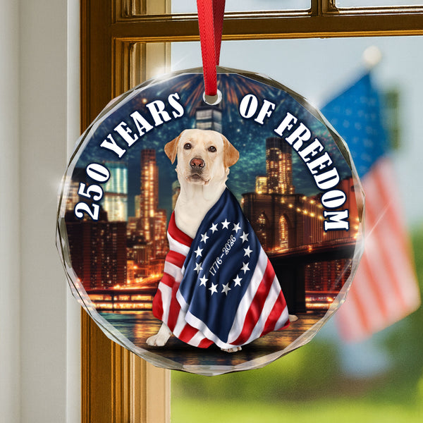 250 Years of Freedom Glass Ornament | Patriot Dog Wrapped in Glory Grommet Flag