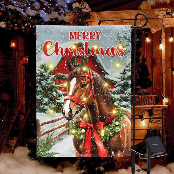 Merry Christmas Horse Solar LED Garden Flag | Red Barn Festive Decor