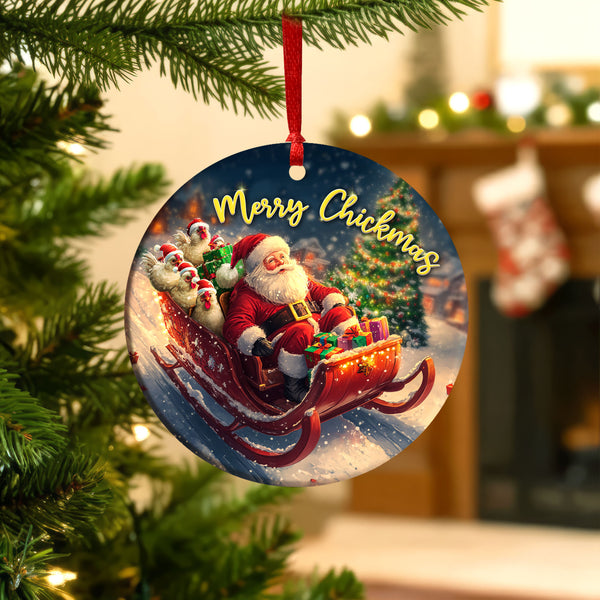 Merry Chickmas Ceramic Ornament | Chicken Santa Sleigh Holiday Tree Decor