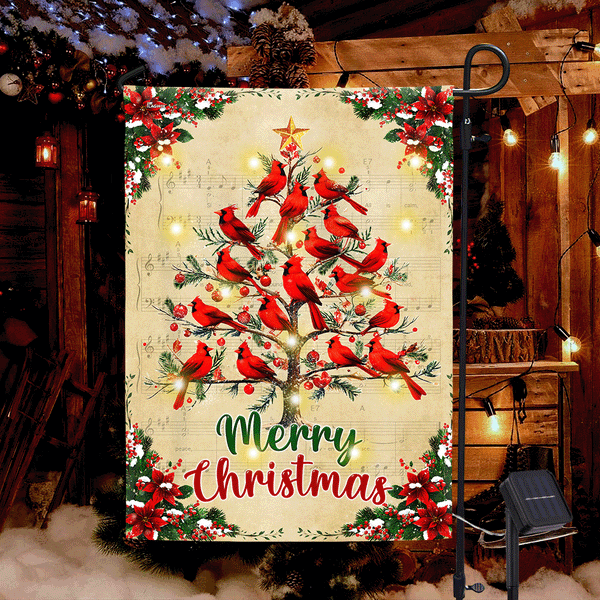 Cardinal Merry Christmas Flag | Cardinal Tree Solar Led Garden Flag