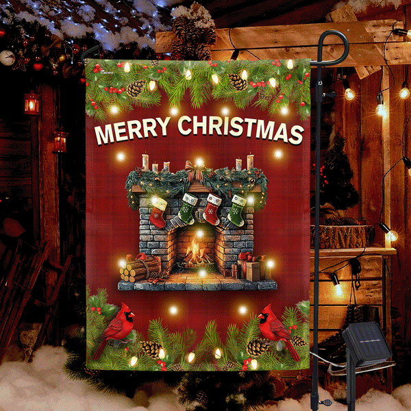 Christmas Fireplace Flag | Cardinal Merry Christmas Solar LED Garden Flag