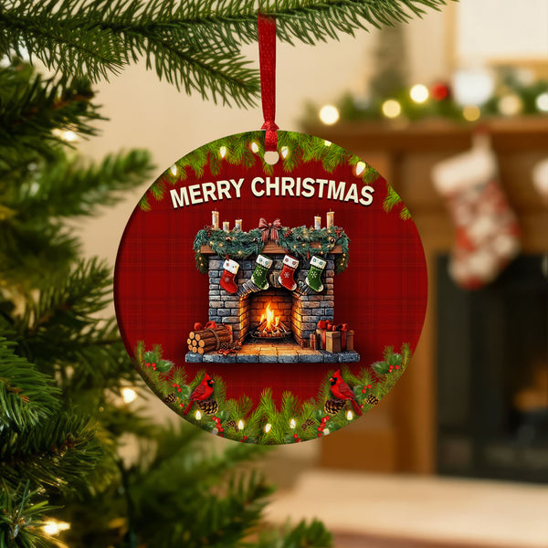 Christmas Fireplace Ceramic Ornament | Cardinal Winter Holiday Decor
