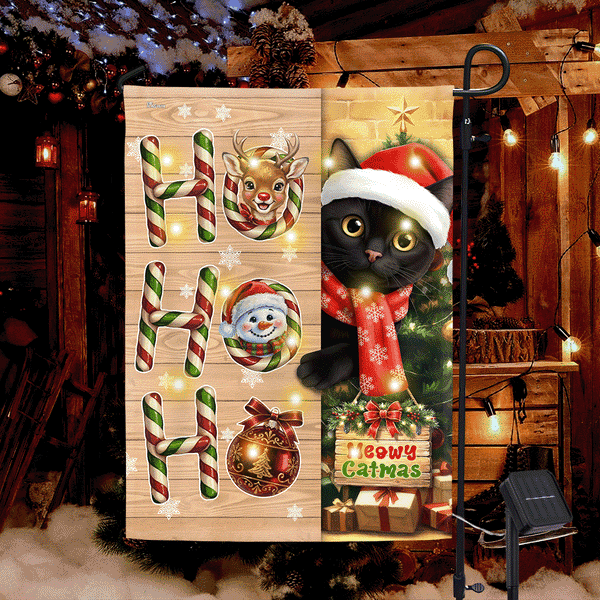 Meowy Catmas Flag | Cat Santa Ho Ho Ho Solar LED Garden Flag