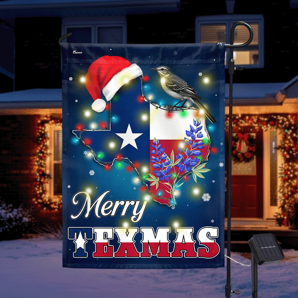 Merry Texmas Flag | Texas Northern Mockingbird Christmas Solar LED Flag