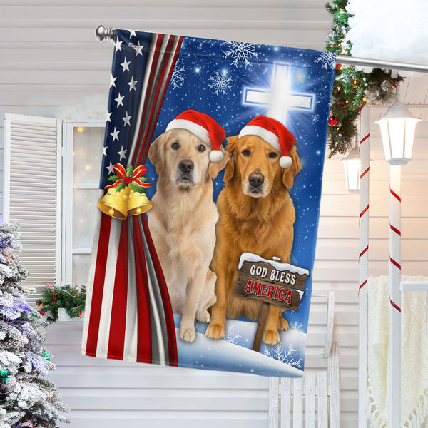 Yellow and Brown Golden Retrievers Flag | God Bless America US Flag