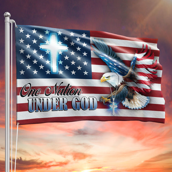 One Nation Under God Flag | Patriotic Christian Cross Eagle Grommet Flag