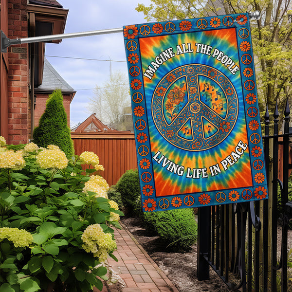 Tie-Dye Sign Garden Flag, Living Life in Peace Hippie Style Decoration