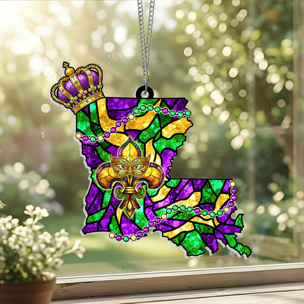 Louisiana Happy Mardi Gras Beads, Fleur De Lis Acrylic Suncatcher Hanging