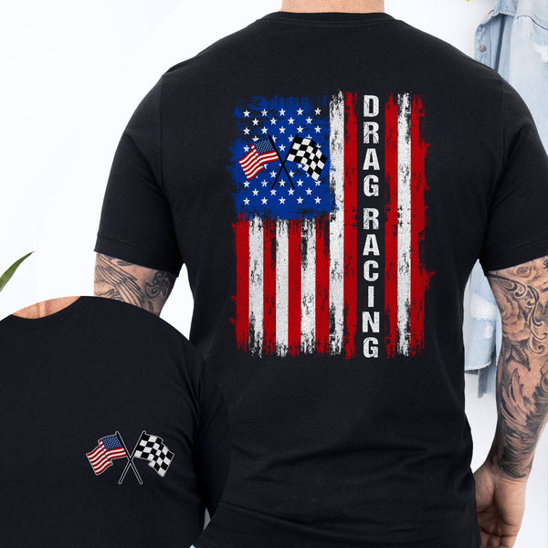 Patriotic Drag Racing Shirt, Race Car Driver with American Flag T-shirt