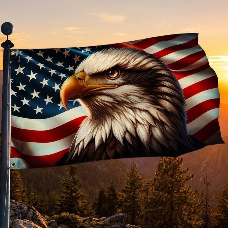 Pair Of Large 12" American Bald Eagle & Flag Decals - USA Made Vinyl