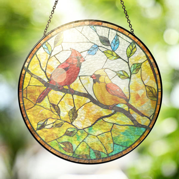 Couple Cardinal Stained Glass Suncatcher Gifts for Mom, Grandma, Gardening Decor