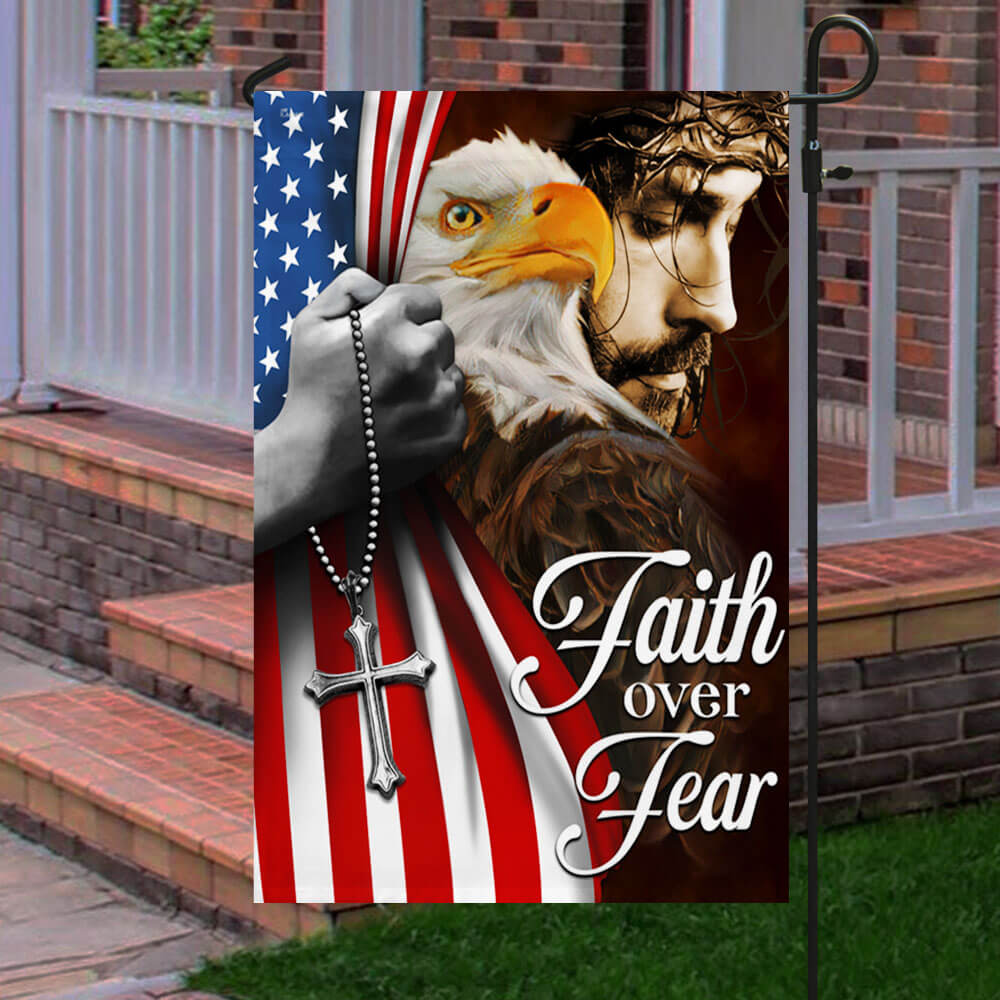 Flagge „Faith Over Fear“ Mit Jesus & US-Flagge – 90 X 150 Cm, Doppelseitig, Wetterfest, Mit Ösen