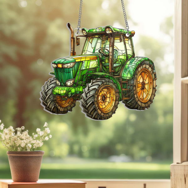 Green Tractor Farmer Acrylic Suncatcher Window Hanging MLN5209HVN