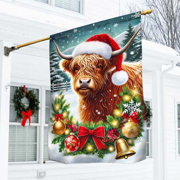 Highland Cow Cattle Farm Christmas Flag