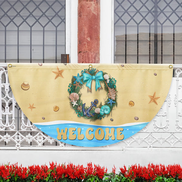 Welcome Summer Flag Coastal Beach Wreath Non-Pleated Fan Flag