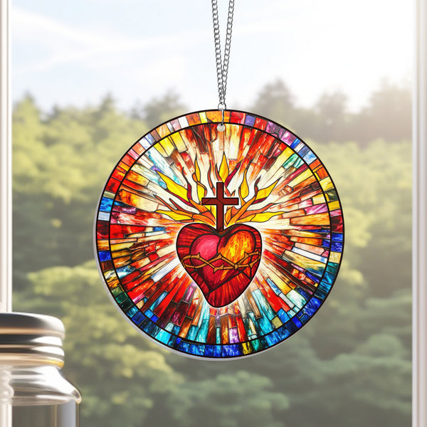 Christian Cross, Sacred Heart of Jesus Suncatcher Acrylic Hanging