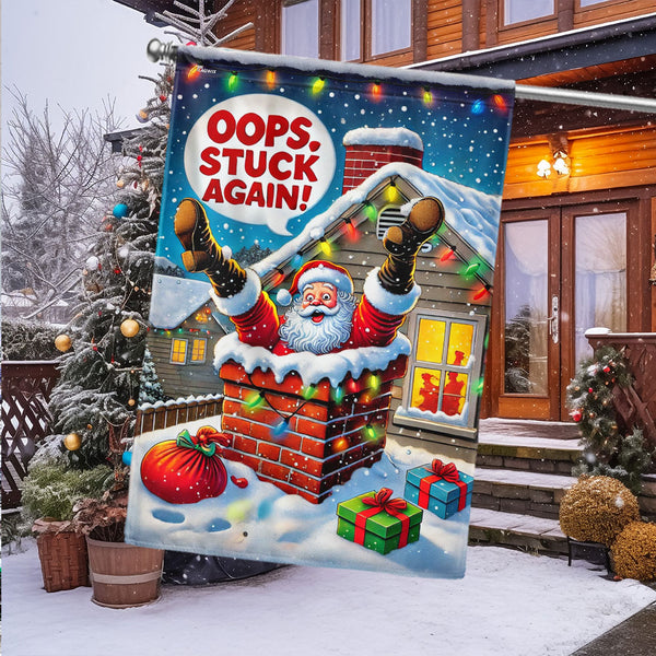 Funny Santa Stuck In A Chimney Christmas Flag TQN4032F