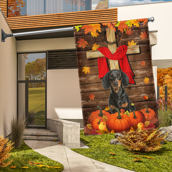 Dachshund Flag, Autumn Pumpkins And Wooden Cross Garden Flag, Rustic Thanksgiving Outdoor Decoration, Christian Fall Yard Flag For Dog Lovers Home Decor