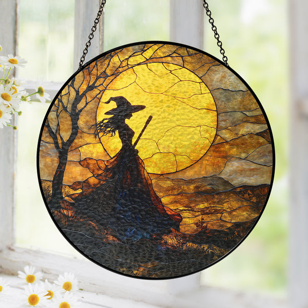 Halloween Witch Stained Glass Suncatcher – Handmade Colorful Window Decor, Ideal Spooky Gift for Witchcraft Fans