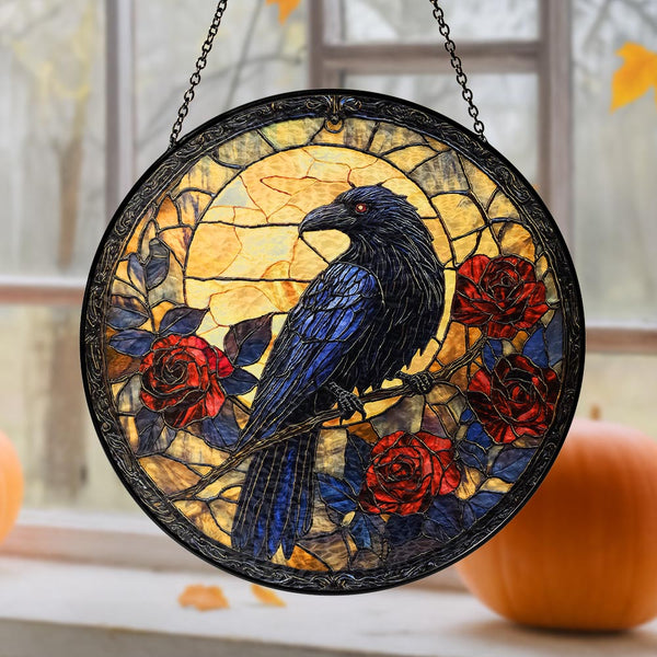 Halloween Stained Glass Suncatcher - Gothic Crow Window Hanging for Spooky Ambiance