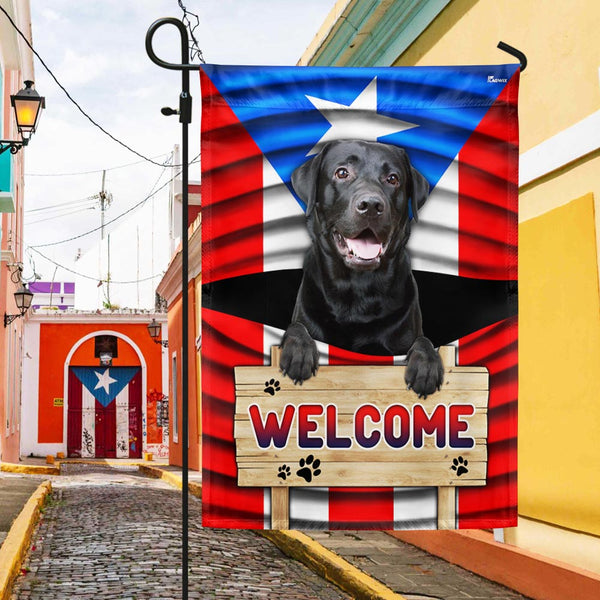 Black Labrador Dog Welcome Puerto Rican Flag