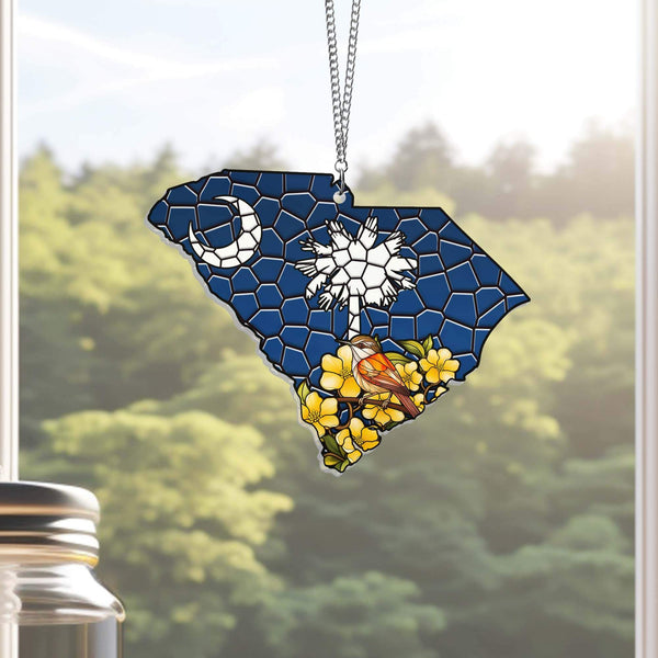 South Carolina Yellow Jessamine Flower witth Carolina Wren Bird Suncatcher Acrylic Hanging Window TPT1035ASv1n