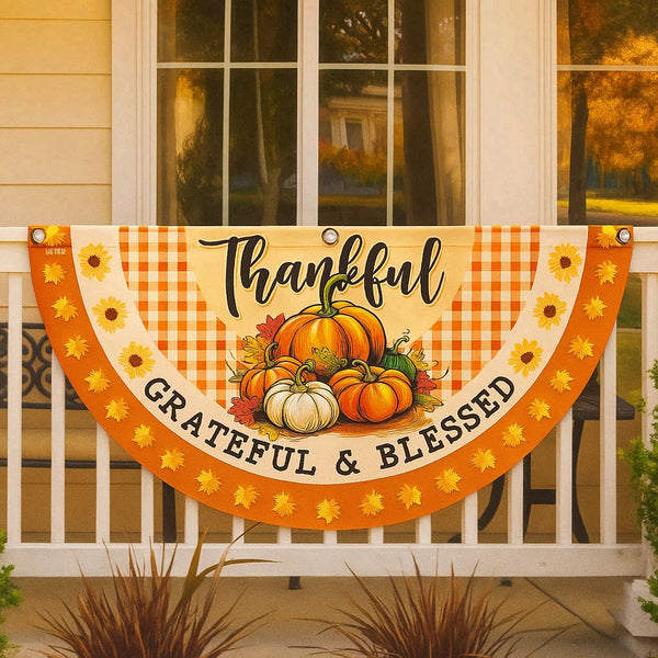 Fall Thanksgiving Pumpkins Harvest Thankful Grateful &amp; Blessed Non-Pleated Fan Flag MLN3941FL