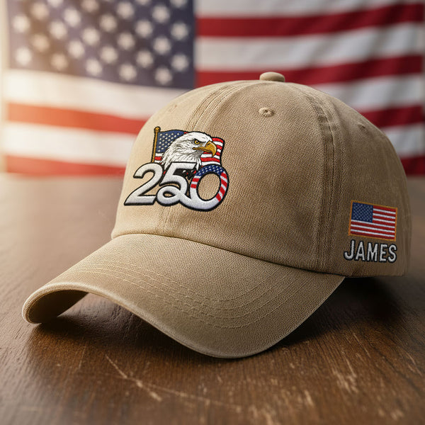 Personalized 250th Anniversary Washed Cap with Embroidered American Flag, Patriotic Cap