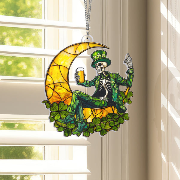 St Patrick's Day Skeleton On Moon Suncatcher Acrylic Hanging Sign VTM948AS