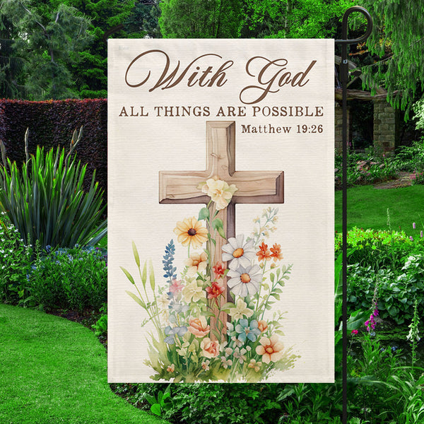 With God All Things Are Possible Wooden Cross Flowers