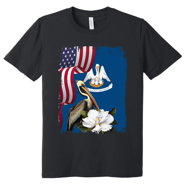 Louisiana Brown Pelican Bird and Magnolia Flower T-Shirt