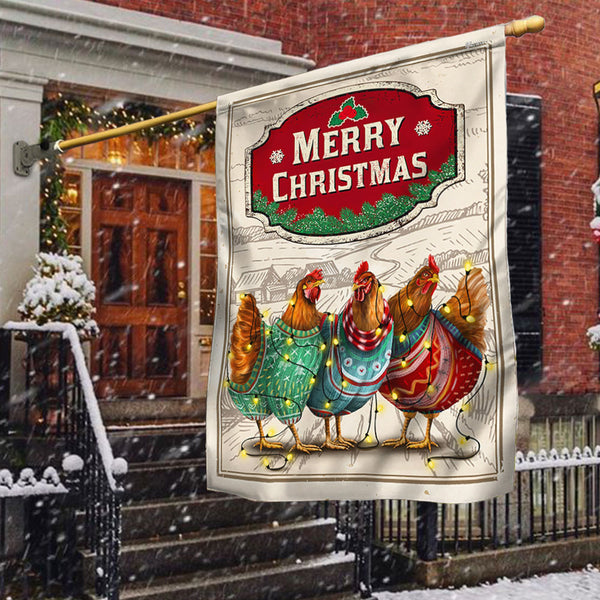 Chicken Christmas Flag Three Hens With Light Vintage Flag