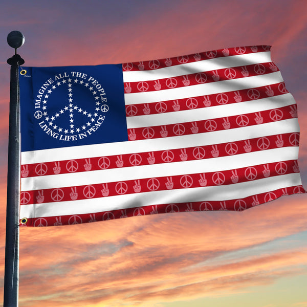Peace Sign. Imagine All The People Living Life In Peace American Grommet Flag