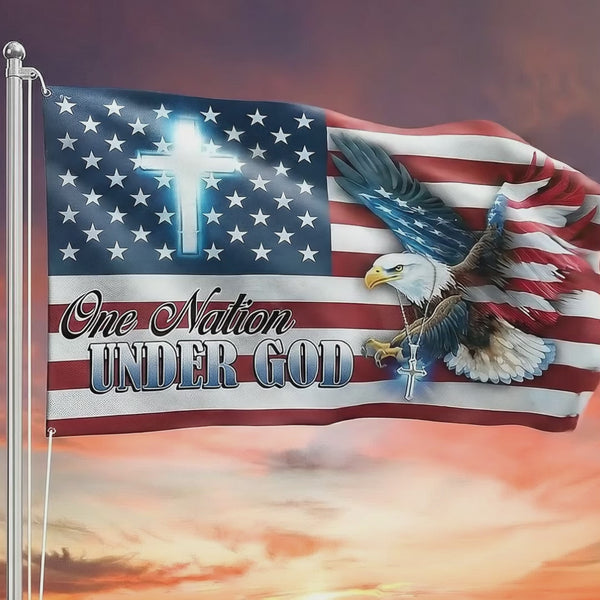 One Nation Under God Flag | Patriotic Christian Cross Eagle Grommet Flag
