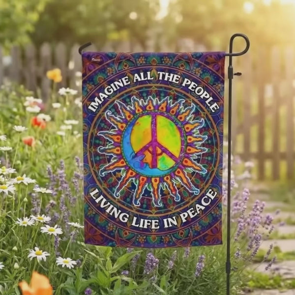 Woodstock Hippie Flag, Sun Moon Peace Sign People Living Life In Peace